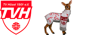 Logo des TV Hösel 1901 e.V. neben einem hölzernen Reh in einem weißen Schal mit dem Vereinsnamen.