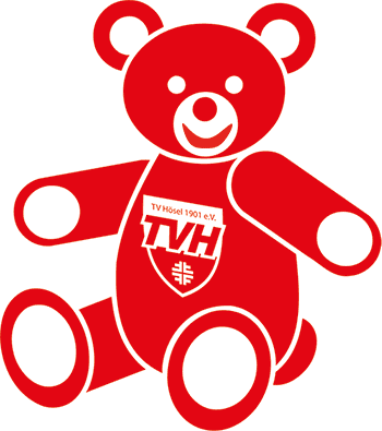 Roter Teddybär mit Aufdruck "TV Hösler 1901 e.V." auf dem Bauch, lächelnd und in sitzender Position.