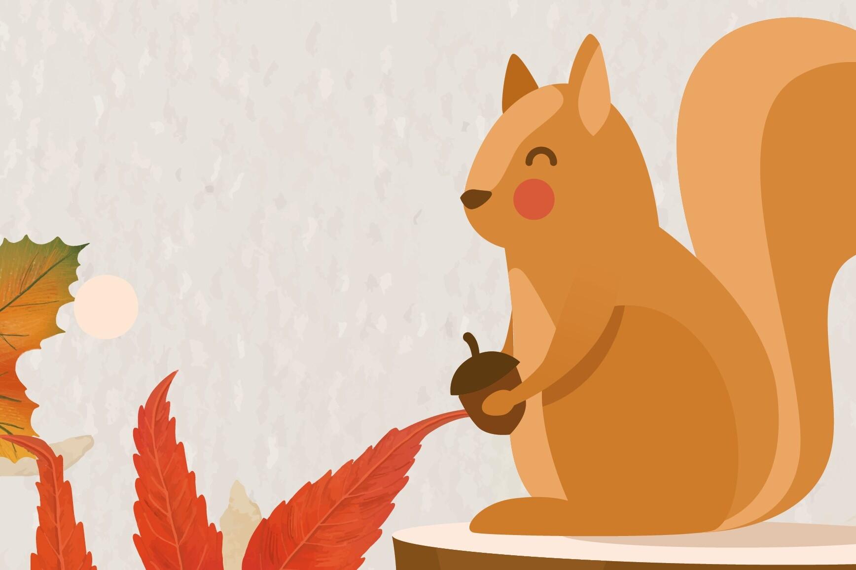 Illustration eines stilisierten Eichhörnchens mit einer Eichel, umgeben von bunten Herbstblättern auf hellem Hintergrund.