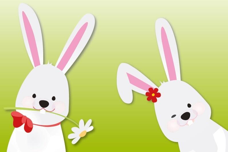 Zwei cartoonhafte weiße Hasen auf grünem Hintergrund; einer hält eine Blume, der andere lächelt mit einem Blumenhaarreif.