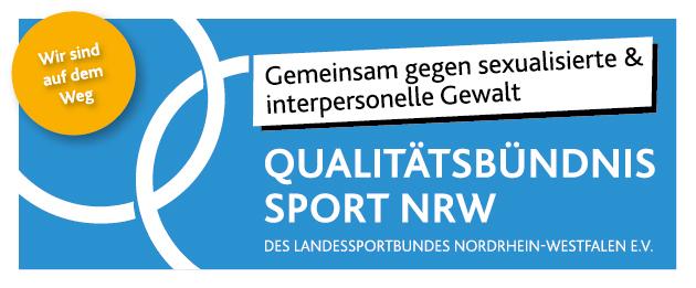 Banner mit dem Text "Gemeinsam gegen sexualisierte & interpersonelle Gewalt", Qualitätsbündnis Sport NRW, auf blauem Hintergrund.
