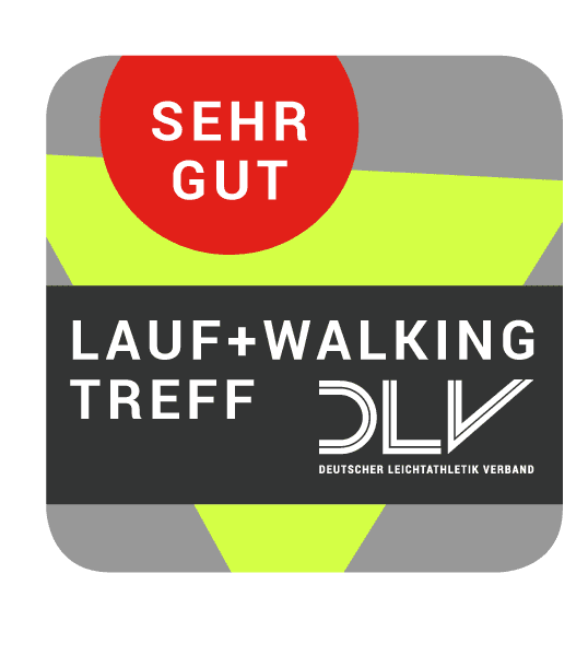 Logo des Deutschen Leichtathletik Verbands mit der Aufschrift „SEHR GUT“ und „LAUF+WALKING TREFF“ in markanten Farben.