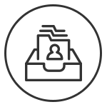 Symbol einer Box mit Dokumenten und einer Personensilhouette, die auf eine Ablage hinweist.