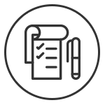 Icon eines Rollens mit einer Checkliste und einem Schreibstift daneben in einem runden Rahmen.
