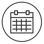 Icon eines Kalenders in einem runden Rahmen mit zwei oberen Halterungen und Gitterstruktur.