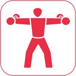 Grafische Darstellung einer roten Figur, die mit beiden Händen Hanteln in Schulterhöhe hebt.